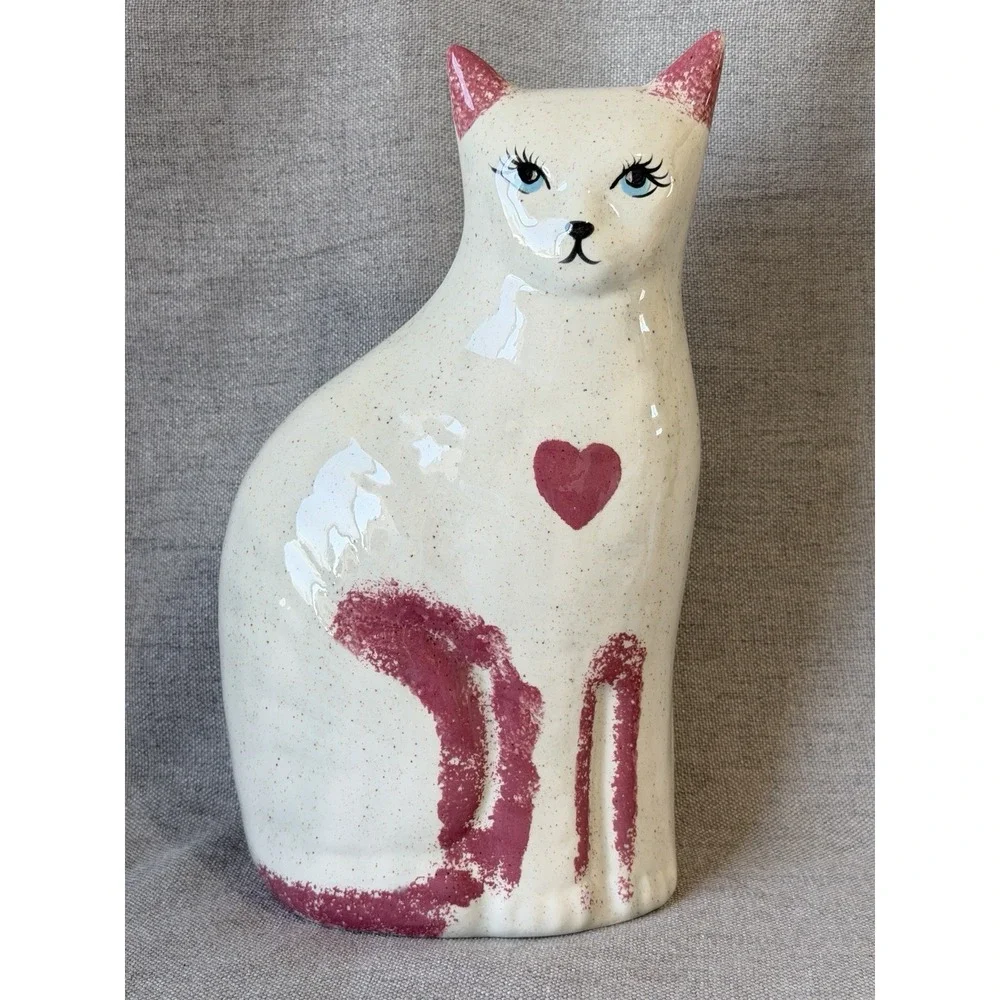 Vintage Sponge Painted Ceramic Cat Figurine Pink & Beige 12-3/4